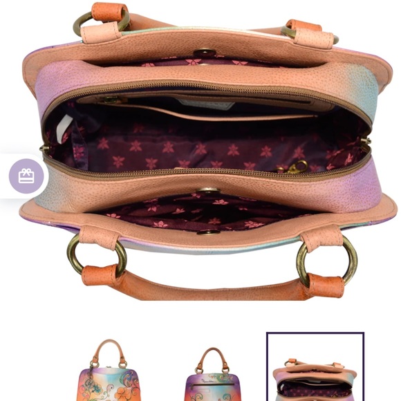 NEW - Anuschka Multi Compartment Hand Painted Leather Satchel - Henna Floral - Picture 3 of 14